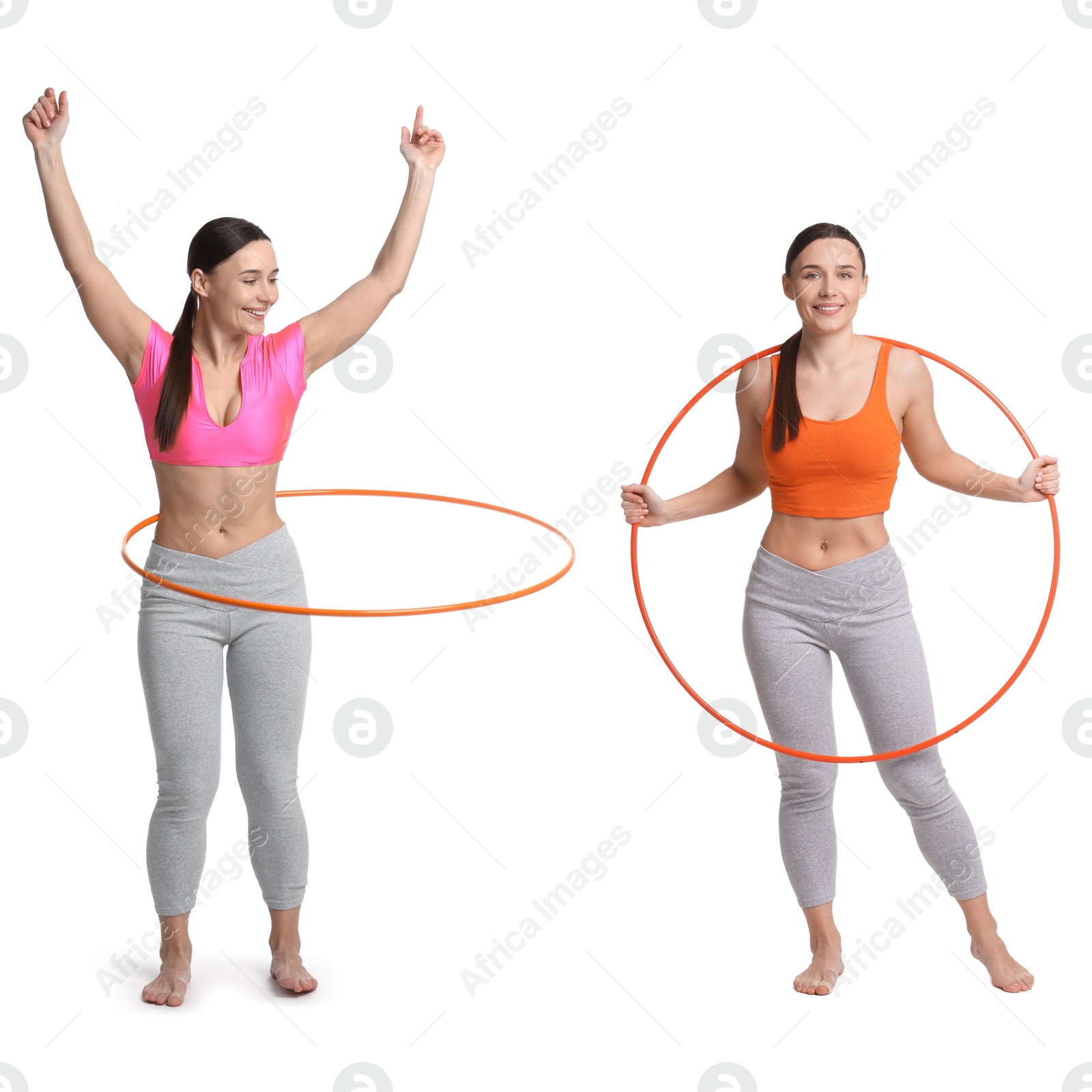 Image of Beautiful young woman training with hula hoop on white background, collage