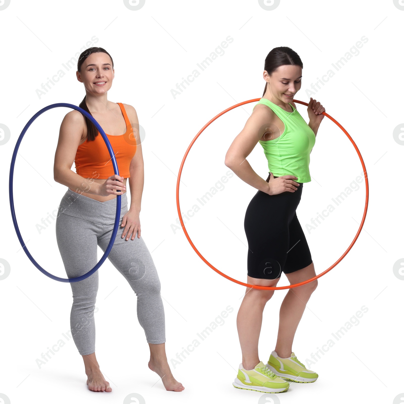 Image of Beautiful young woman with hula hoops on white background, collage