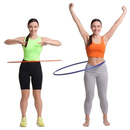 Image of Beautiful young woman training with hula hoops on white background, collage