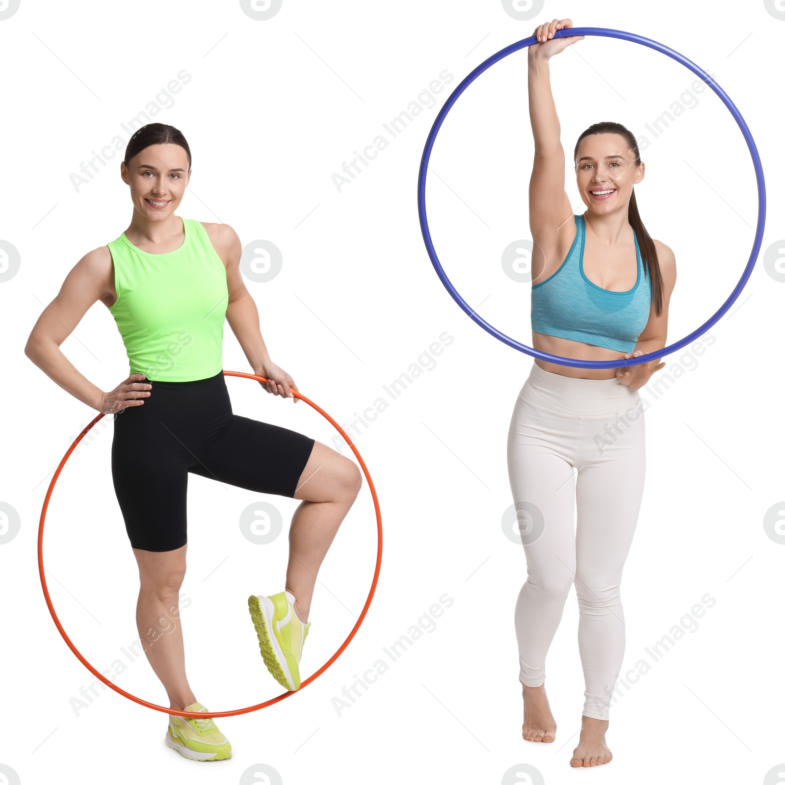 Image of Beautiful young woman with hula hoops on white background, collage