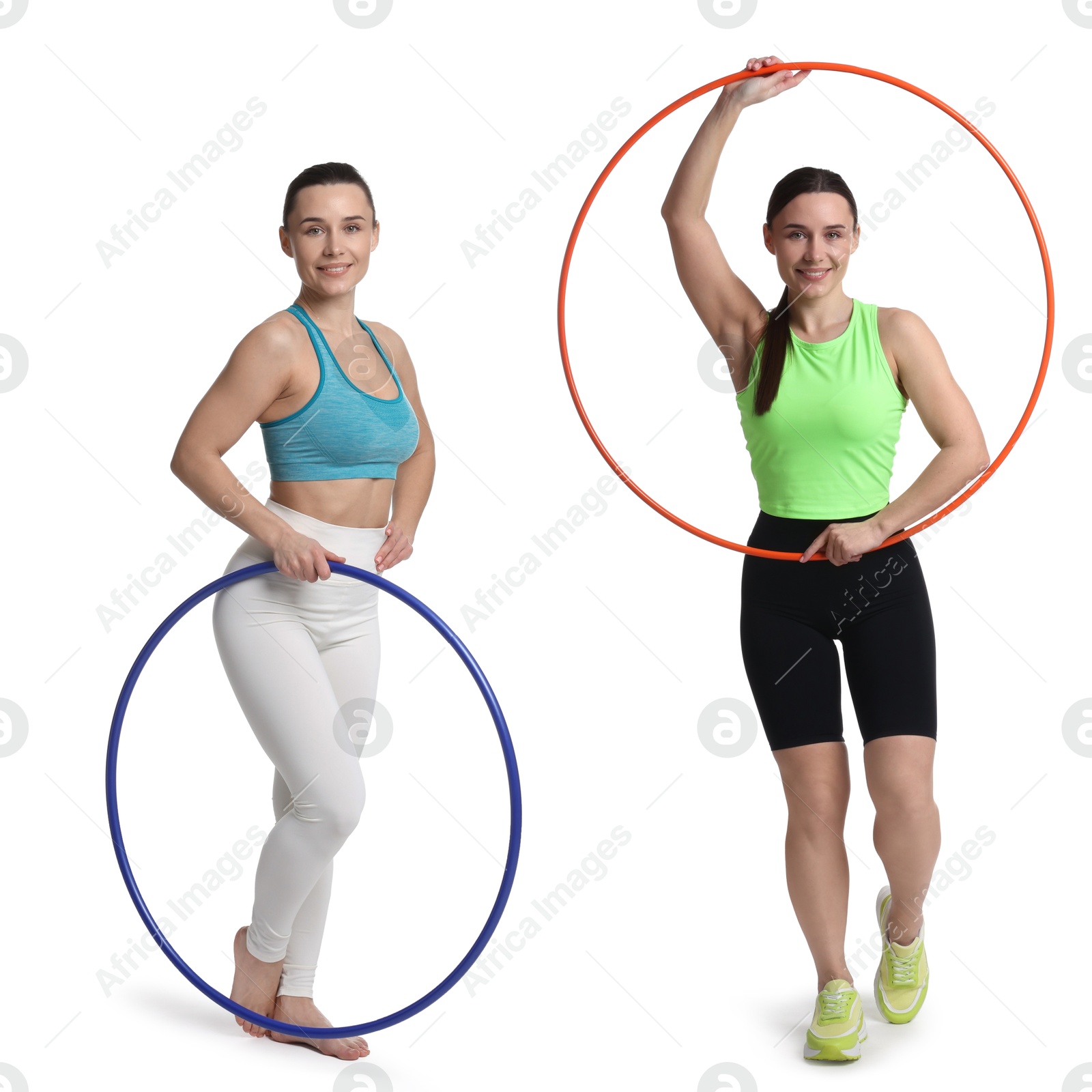 Image of Beautiful young woman with hula hoops on white background, collage