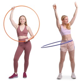 Image of Beautiful young woman training with hula hoops on white background, collage