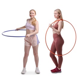 Image of Beautiful young woman training with hula hoops on white background, collage