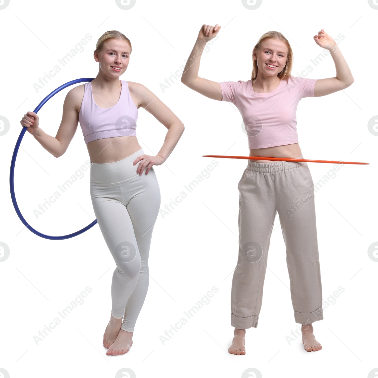 Image of Beautiful young woman training with hula hoops on white background, collage