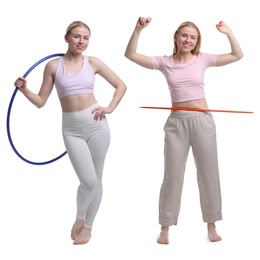 Image of Beautiful young woman training with hula hoops on white background, collage