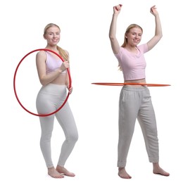 Image of Beautiful young woman training with hula hoop on white background, collage