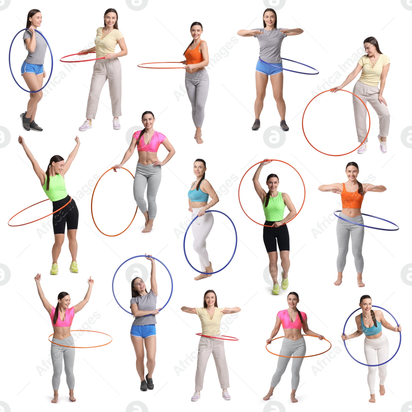 Image of Beautiful young woman training with hula hoops on white background, collage