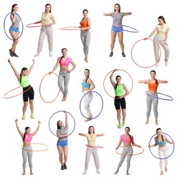 Beautiful young woman training with hula hoops on white background, collage