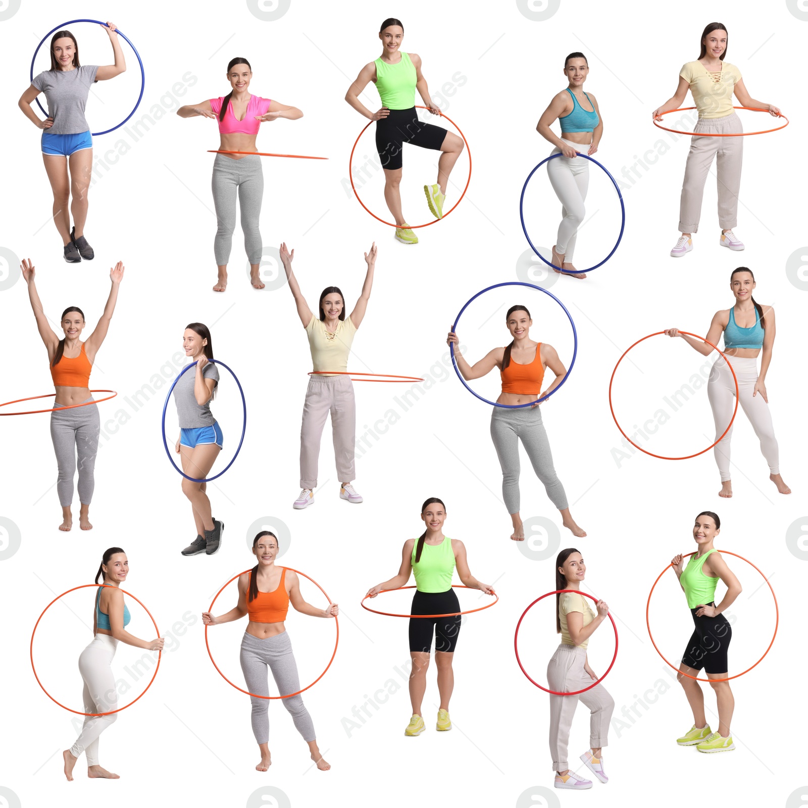 Image of Beautiful young woman training with hula hoops on white background, collage