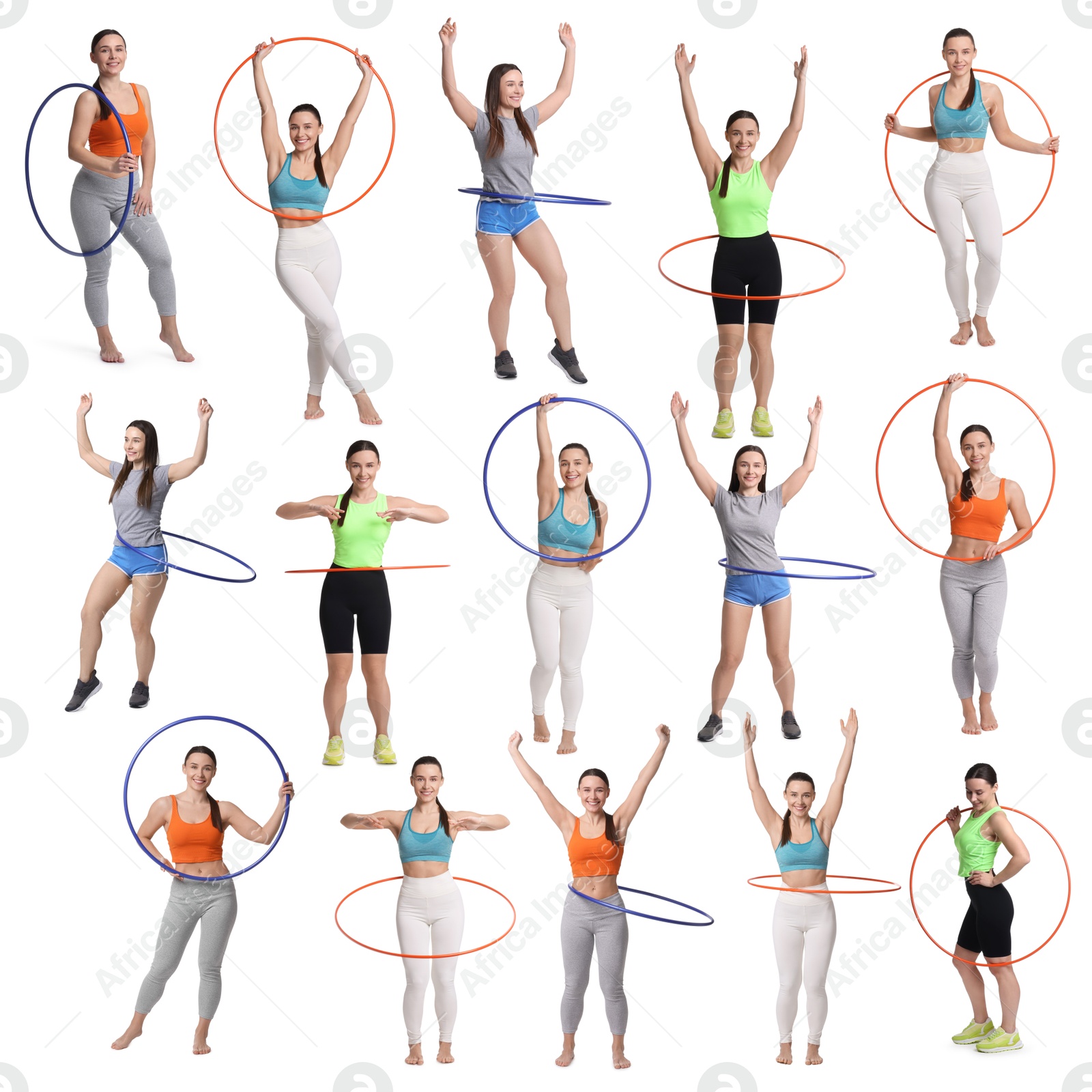 Image of Beautiful young woman training with hula hoops on white background, collage