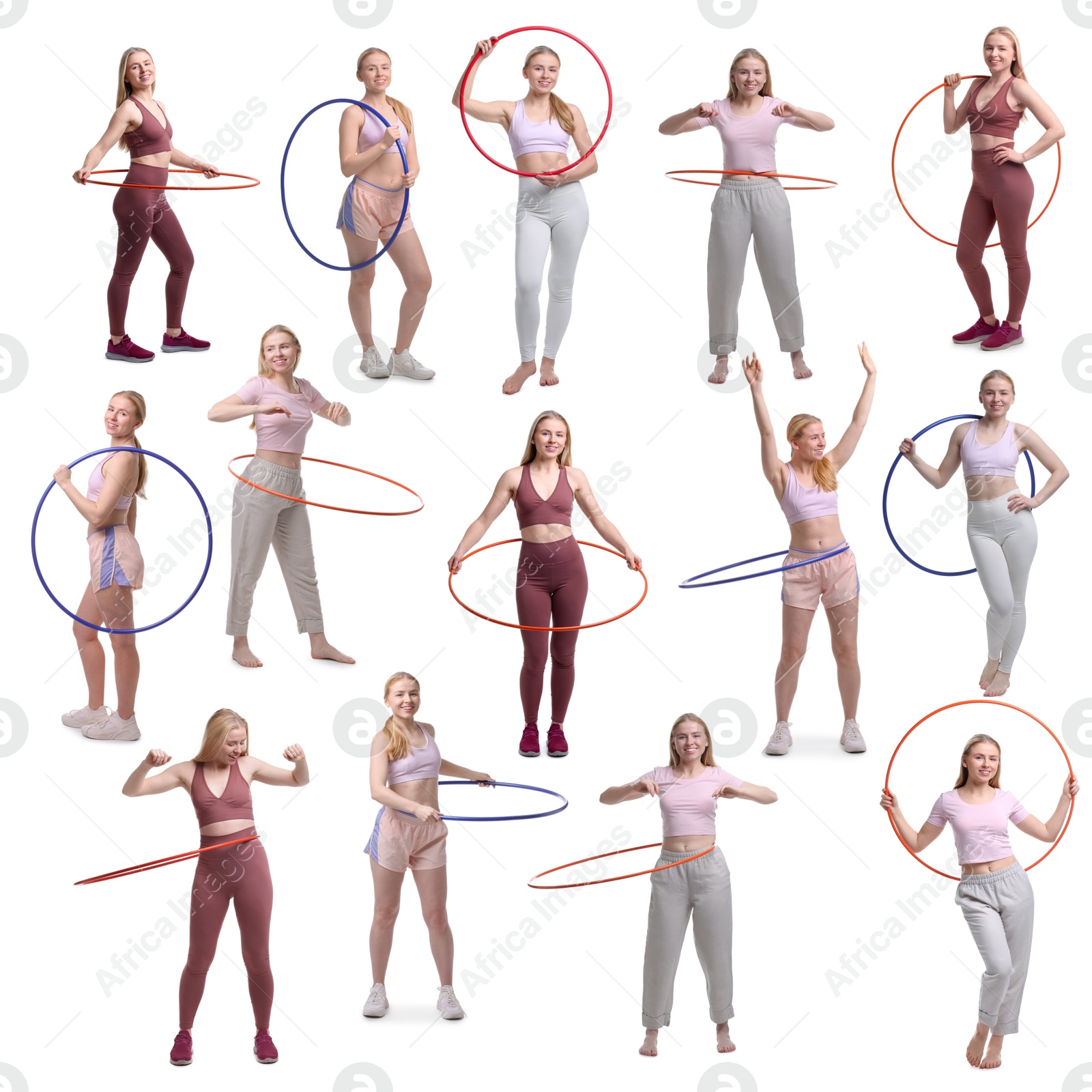 Image of Beautiful young woman training with hula hoops on white background, collage