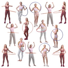 Image of Beautiful young woman training with hula hoops on white background, collage