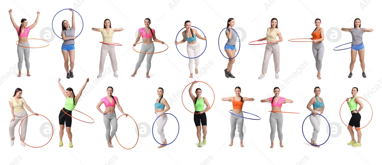 Image of Beautiful young woman training with hula hoops on white background, collage