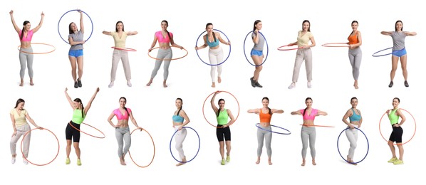 Image of Beautiful young woman training with hula hoops on white background, collage