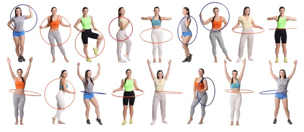 Image of Beautiful young woman training with hula hoops on white background, collage