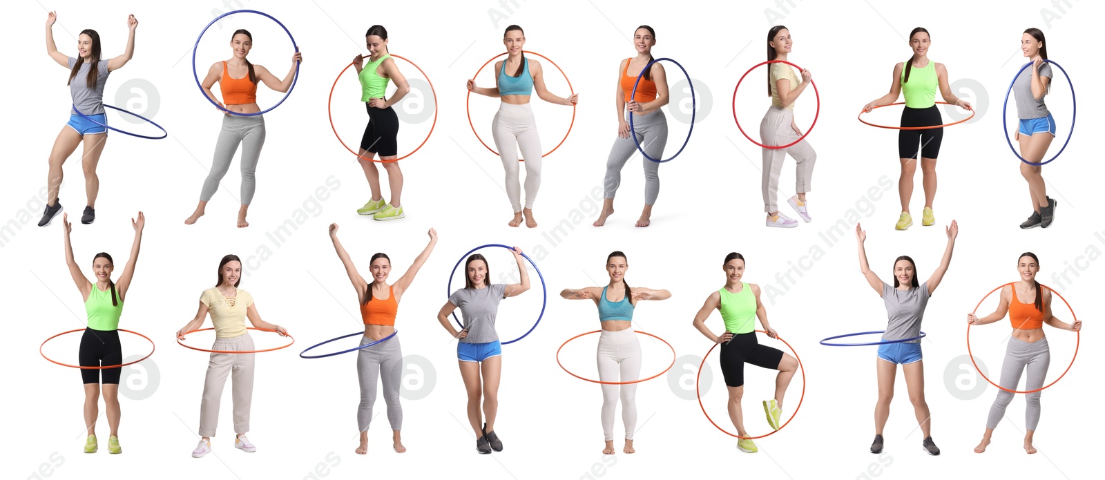 Image of Beautiful young woman training with hula hoops on white background, collage