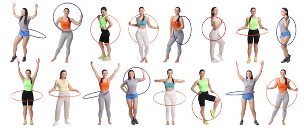 Beautiful young woman training with hula hoops on white background, collage