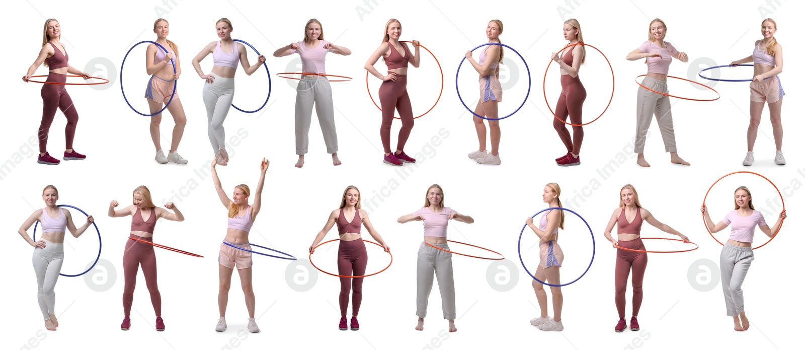 Image of Beautiful young woman training with hula hoops on white background, collage