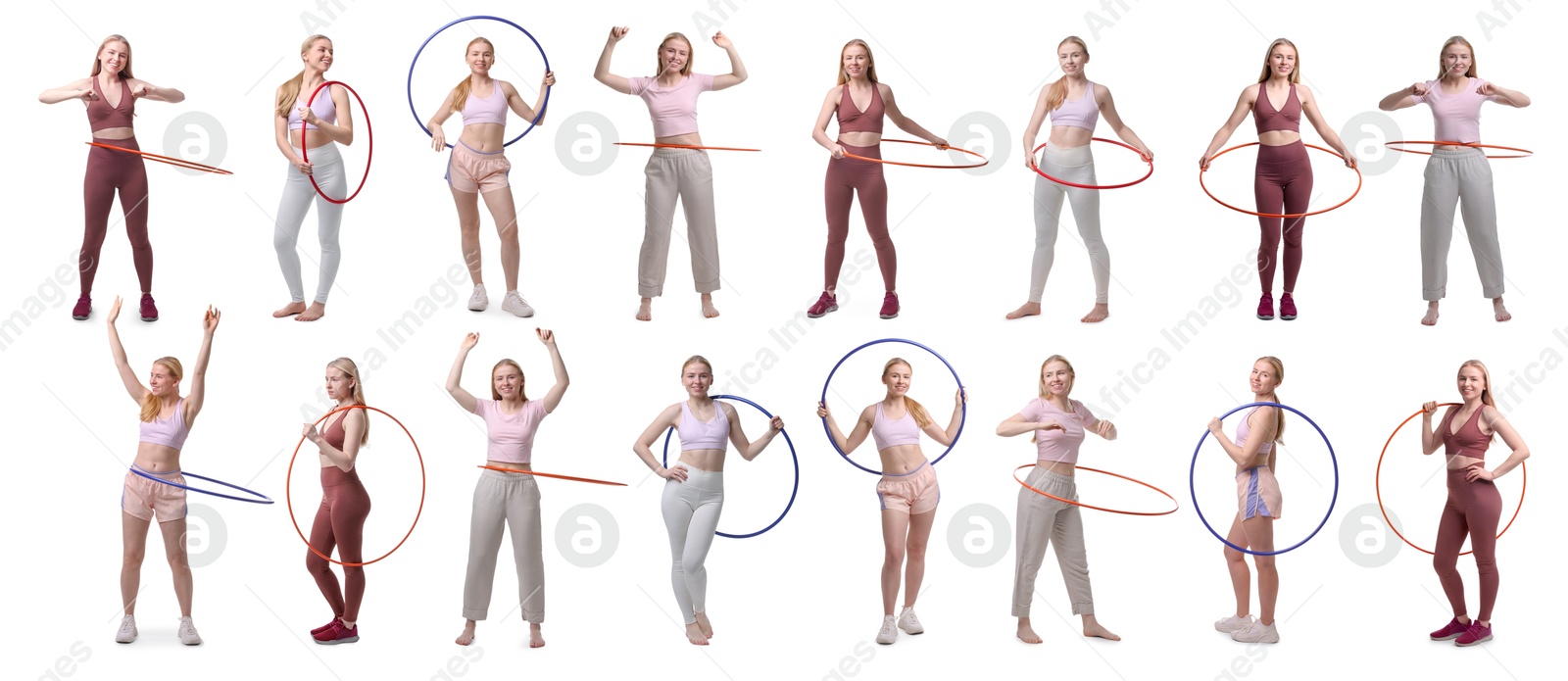 Image of Beautiful young woman training with hula hoops on white background, collage