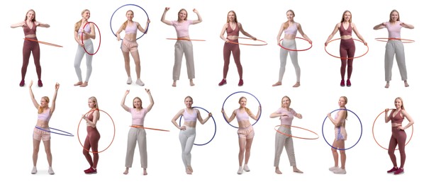 Image of Beautiful young woman training with hula hoops on white background, collage