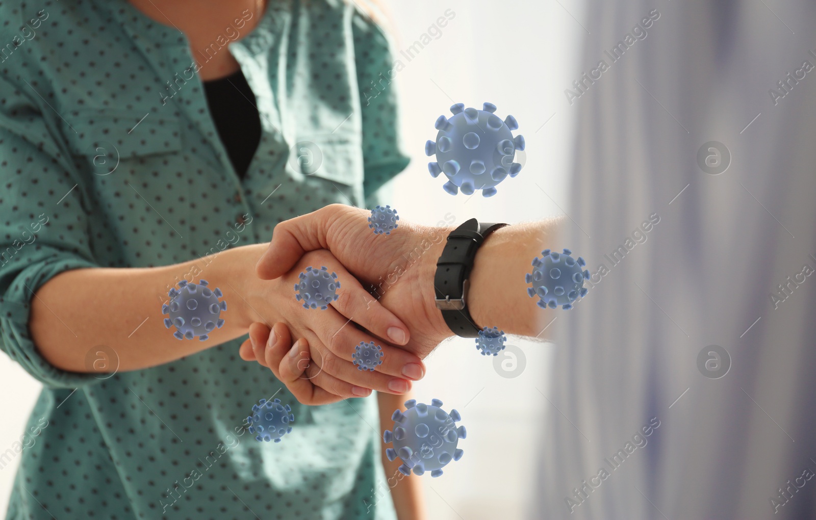 Image of Woman and man shaking hands, closeup. Illustration of viruses near handshake. Personal hygiene