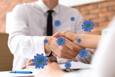 Image of Woman and man shaking hands in office, closeup. Illustration of viruses near handshake. Personal hygiene