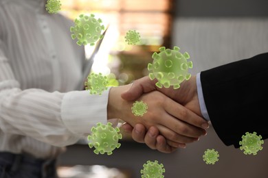 Image of Woman and man shaking hands in office, closeup. Illustration of viruses near handshake. Personal hygiene