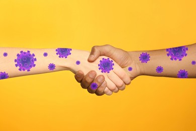 Image of Men shaking hands on orange background, closeup. Illustration of viruses on hands. Personal hygiene