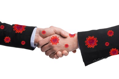 Image of Men shaking hands on white background, closeup. Illustration of viruses on hands. Personal hygiene