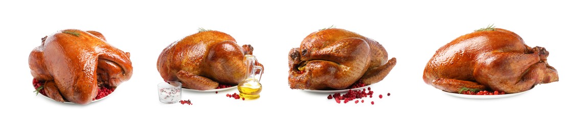 Image of Delicious baked turkeys with cranberries, spices and oil on white background, set