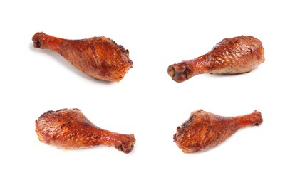 Image of Delicious turkey drumsticks on white background, set