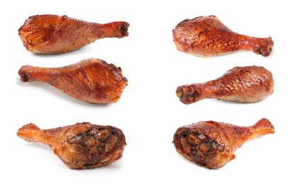 Image of Delicious turkey drumsticks on white background, set