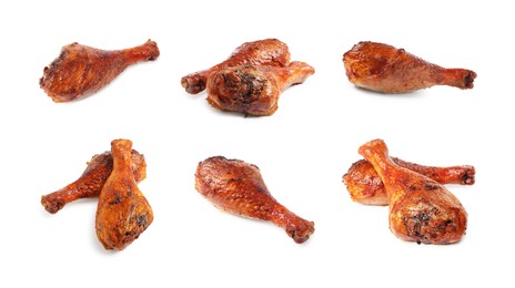 Image of Delicious turkey drumsticks on white background, set