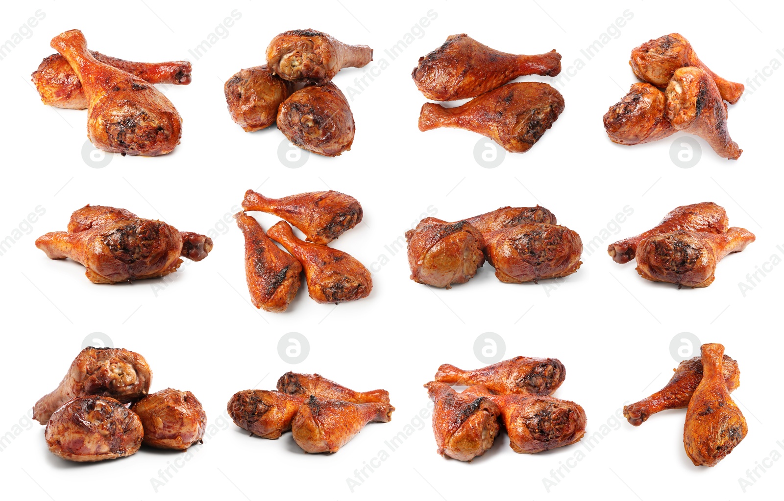 Image of Delicious turkey drumsticks on white background, set