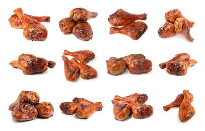 Image of Delicious turkey drumsticks on white background, set