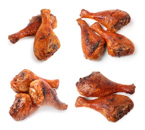 Image of Delicious turkey drumsticks on white background, set