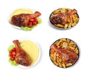 Image of Different delicious dishes with turkey on white background, set