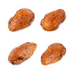 Image of Pieces of delicious baked turkey on white background, set. Top view