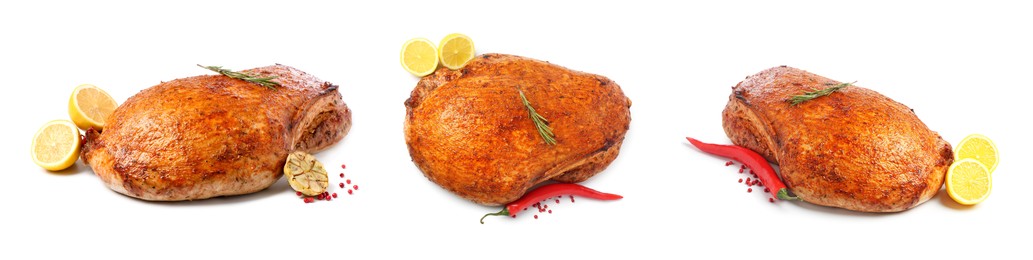 Image of Pieces of delicious baked turkey, spices and lemons on white background, set