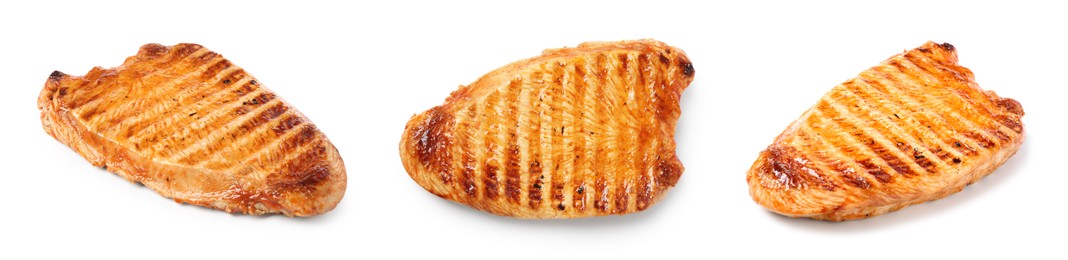 Image of Delicious grilled turkey breasts on white background, set