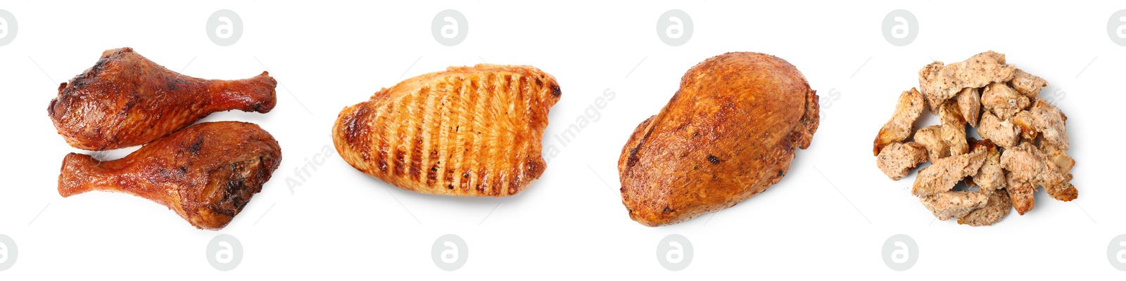 Image of Different delicious dishes of turkey on white background, set. Top view