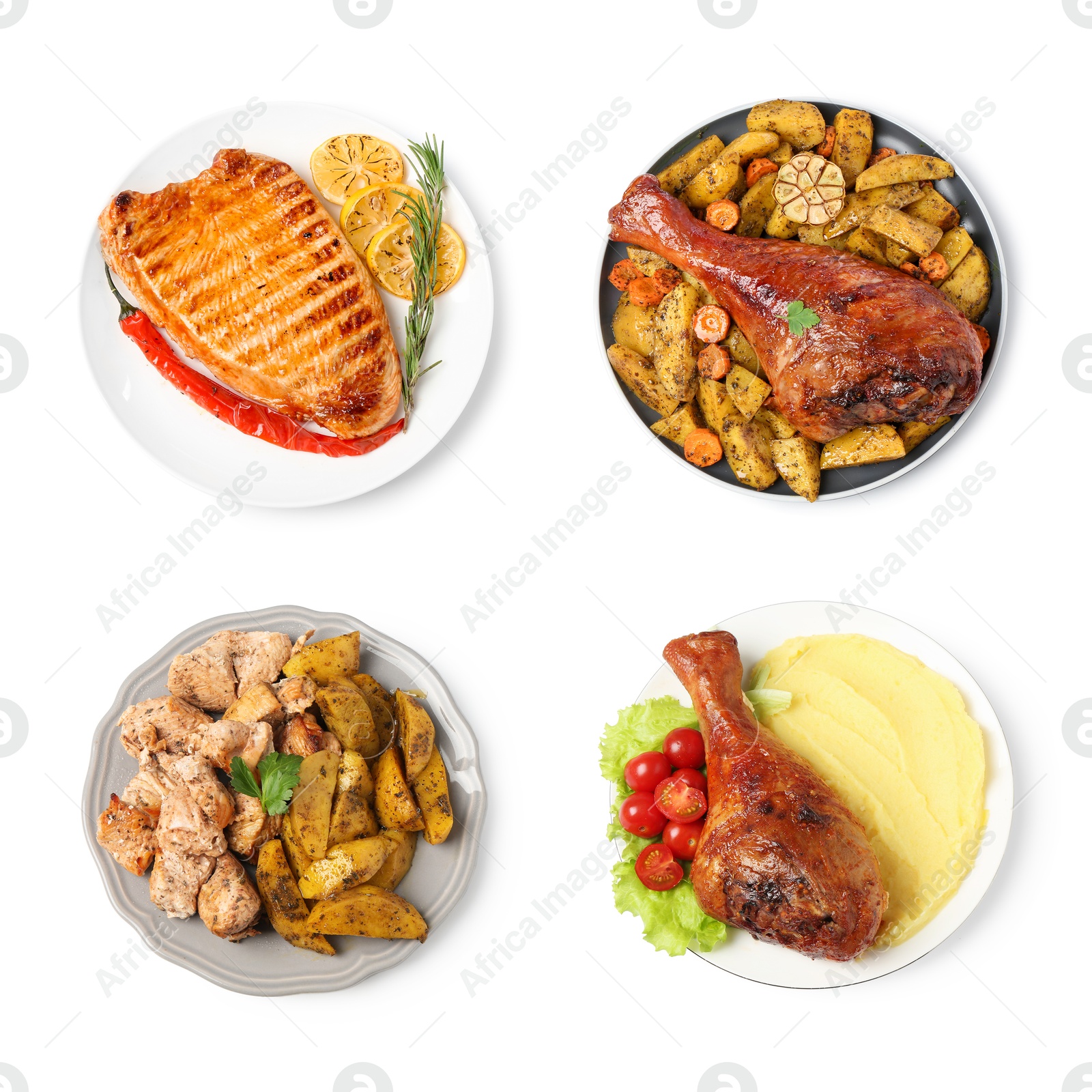 Image of Different delicious dishes with turkey on white background, set. Top view