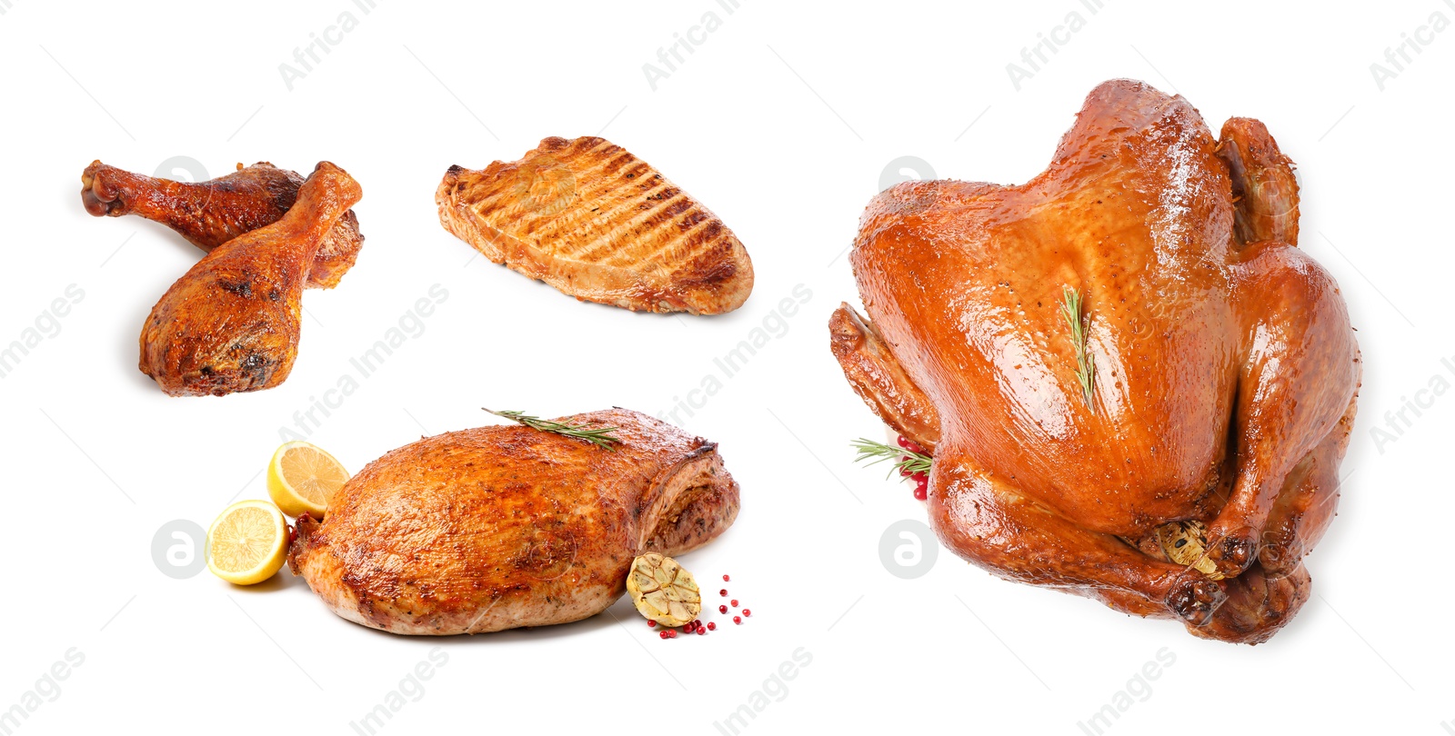 Image of Different delicious dishes of turkey on white background, set