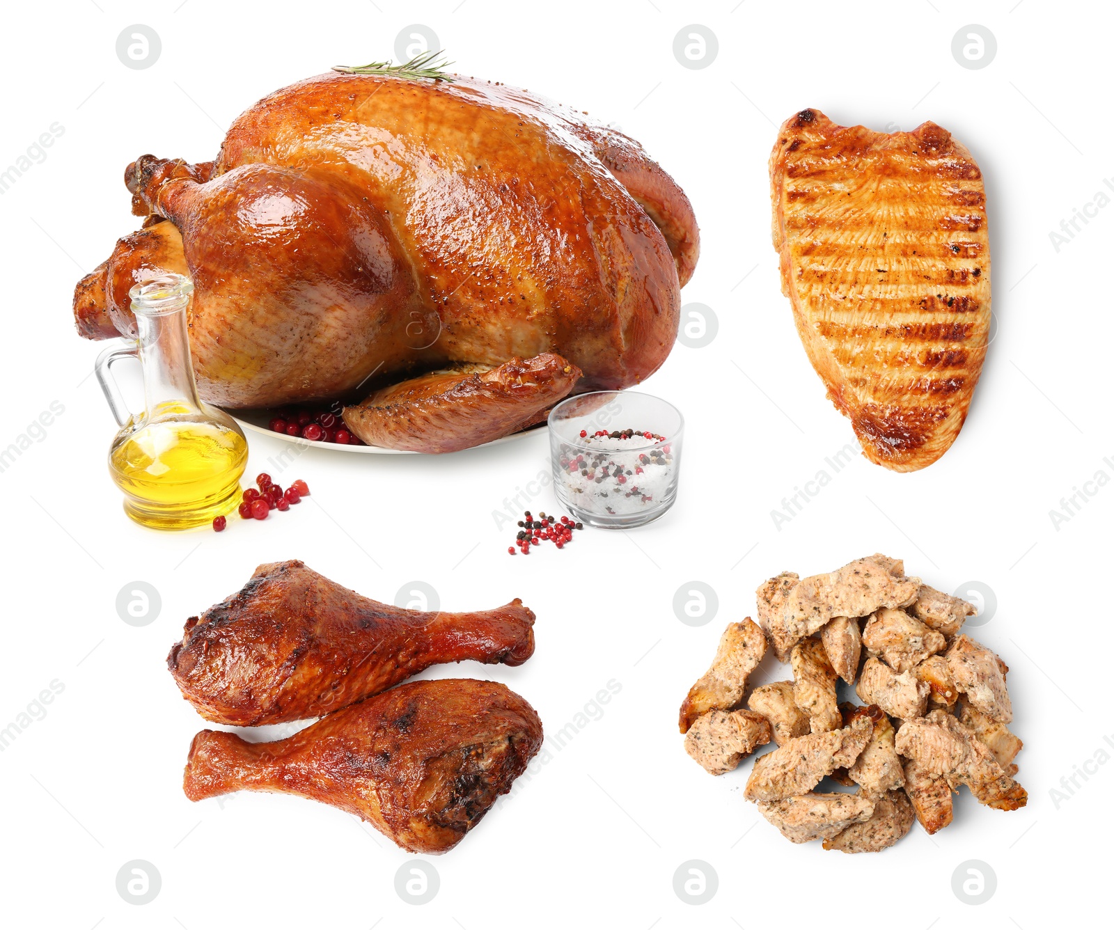 Image of Different delicious dishes of turkey on white background, set