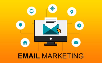 Illustration of Email marketing. Poster or website page with icons