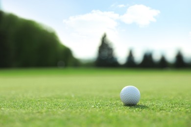 Photo of Golf ball on green course, space for text