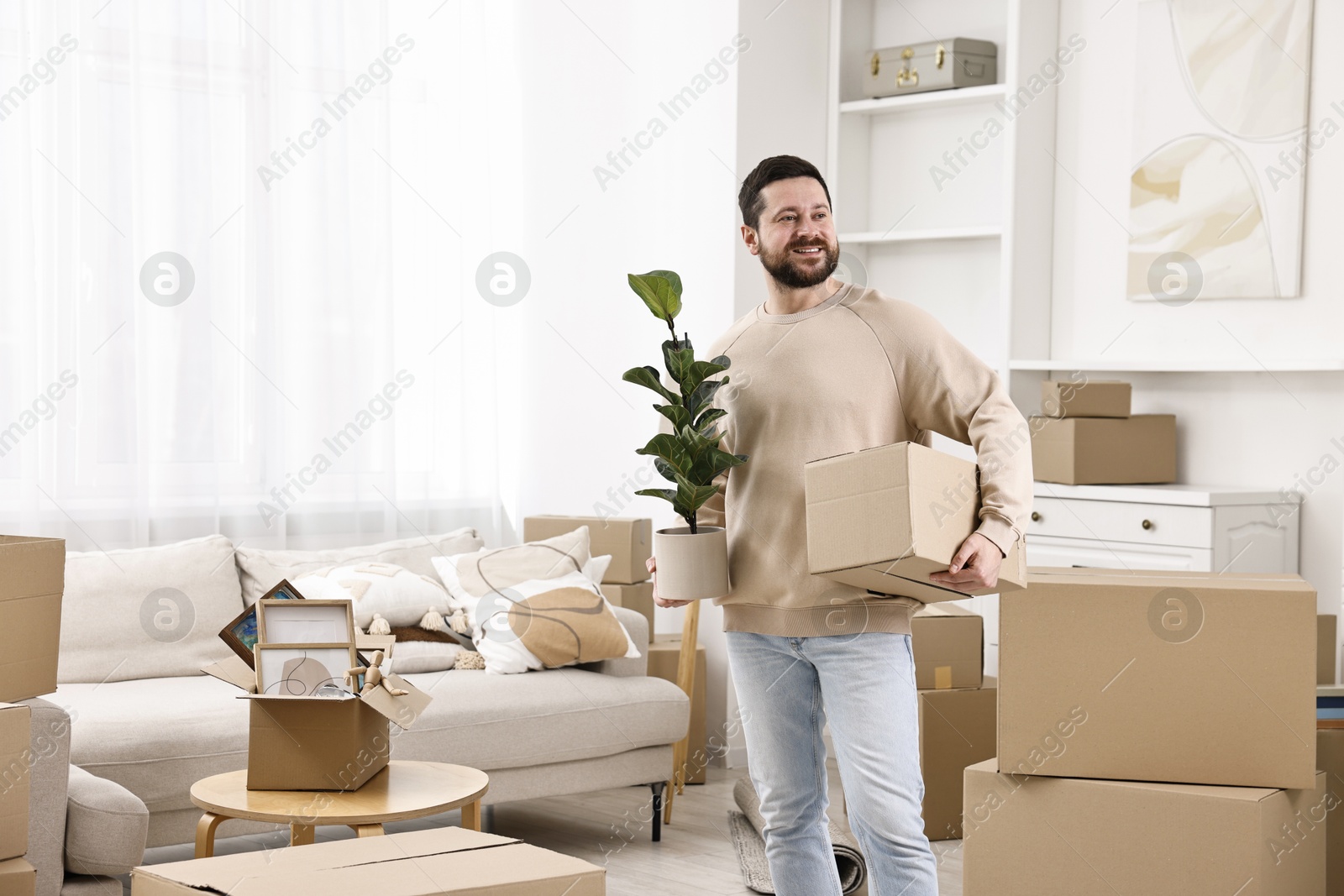 Photo of Moving day. Man with cardboard box and houseplant in his new home