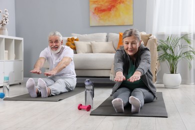 Photo of Elderly couple exercising at home. Healthy leisure