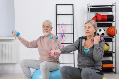 Photo of Elderly couple exercising with dumbbells and fitness balls at home