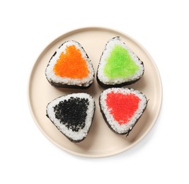 Photo of Tasty tobiko onigiri (Japanese rice balls) on white background, top view